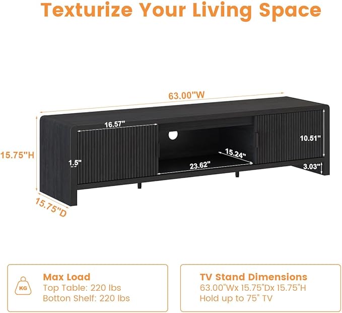 FATORRI TV Stand for 75/65/55 Inch TVs, Mid Century Modern Entertainment Center with Storage, Wooden Television Media Console Cabinet with Fluted-Door for Living Room, Bedroom (63 Inch W, Black)