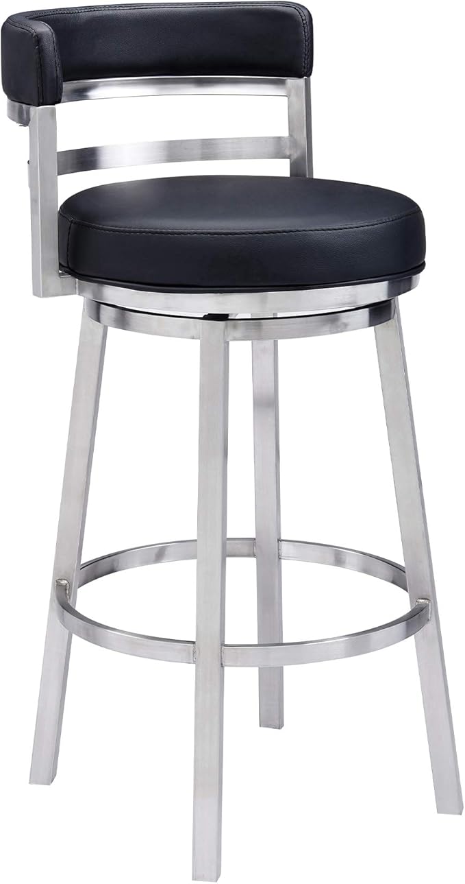 Armen Living Madrid 26" Seat Height Swivel Modern Black Faux Leather and Brushed Stainless Steel Bar Stool for Kitchen Island Counter