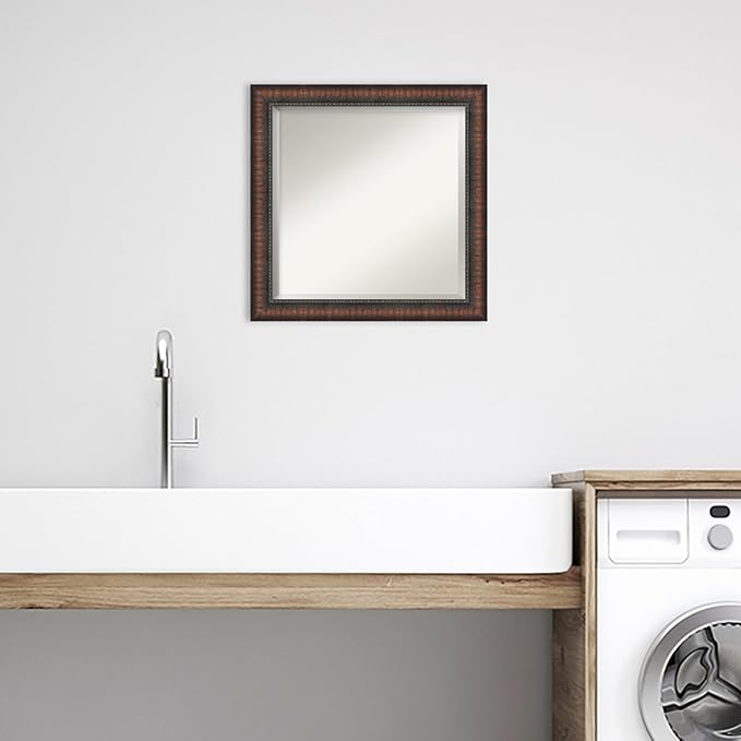 Amanti Art Brown Bathroom Mirror for Over Sink, 24x24 Caleb Brown Square Vanity Mirror, Medium Rustic Farmhouse Frame, Hangs Horizonally and Vertically, Bathroom Wall Decor, Beveled Edge from WI, USA
