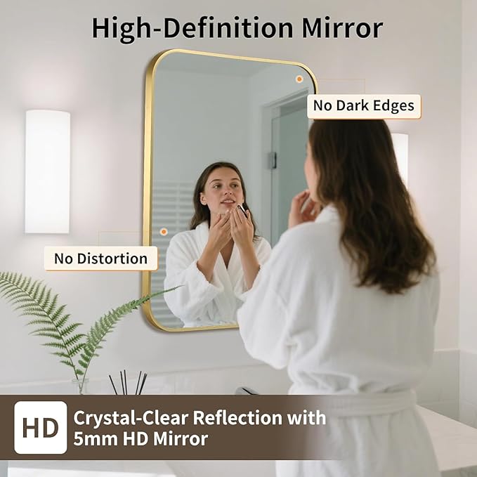 Gold Bathroom Mirror, 24x32 Inch Aluminum Frame Rectangle Mirror, Anti-Rust, Tempered Glass, Wall Mirror for Over Sink, Vanity, Bedroom, Entryway, Horizontal/Vertical