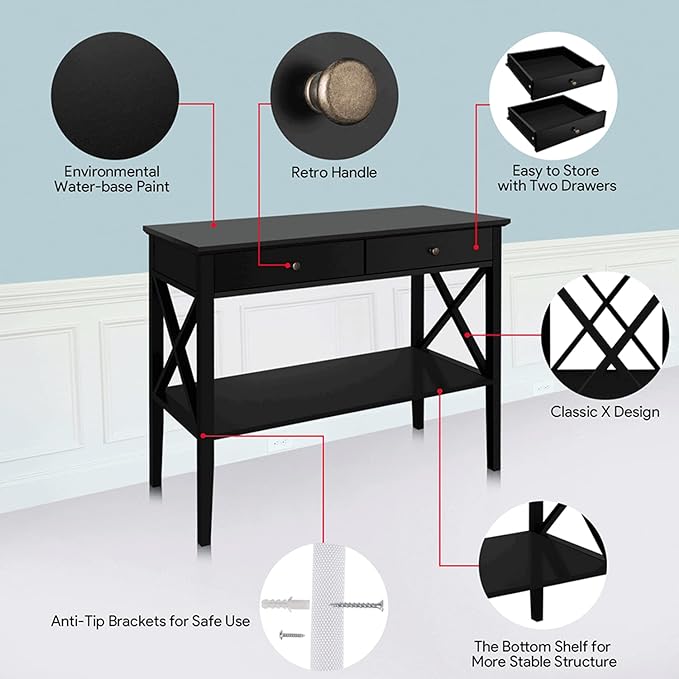 ChooChoo Console Table with Drawers, Narrow Wood Accent Sofa Table Entryway Table with Storage Shelf for Entryway, Front Hall, Hallway, Living Room, Black