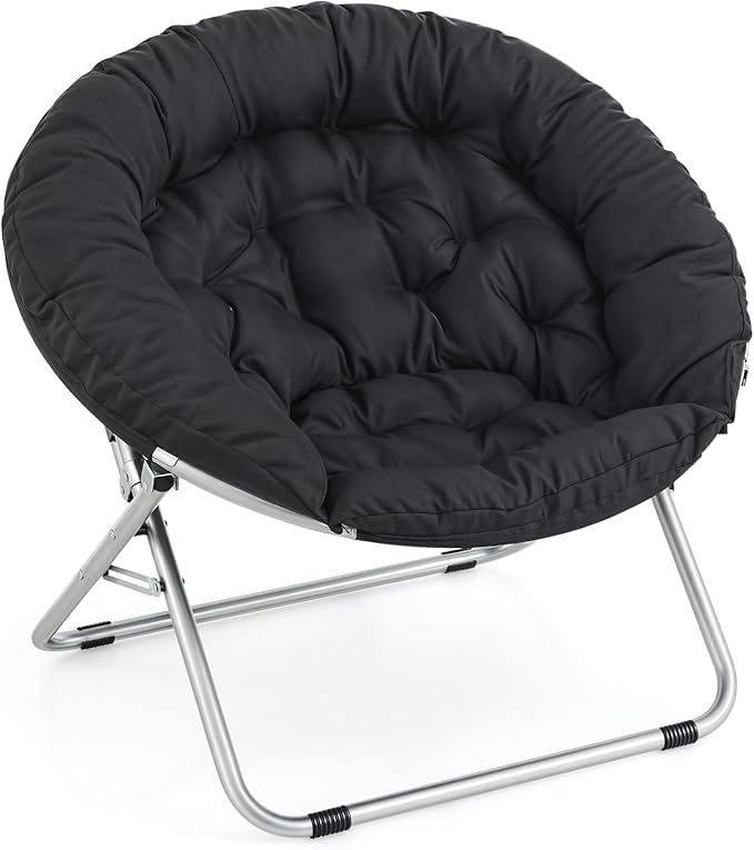 MoNiBloom Round Folding Saucer Chair for Bedroom Living Room Dorm Foldable Metal Frame Comfy Soft Lounge Lazy Cozy Moon Chair for Teens (Black)
