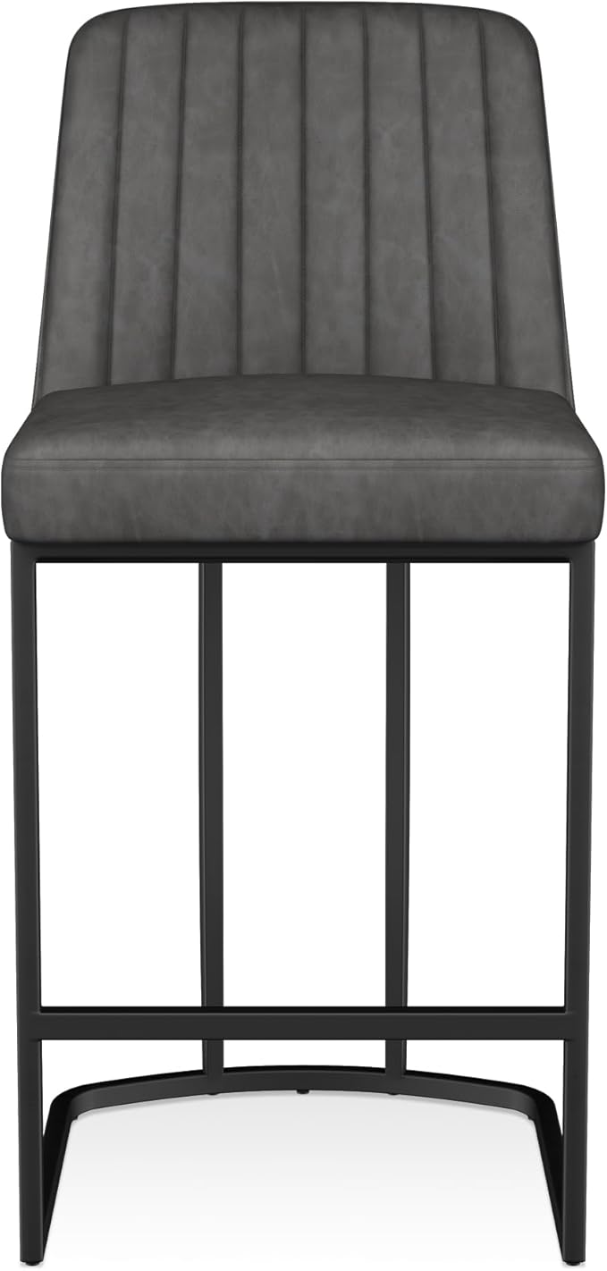 Counter Height Bar Stools Set of 2, Upholstered Leather Barrel Barstools with Back and Metal Legs for Kitchen Island, 27.4" Seat Height, Fabric in Faux Leather, Rustic Grey