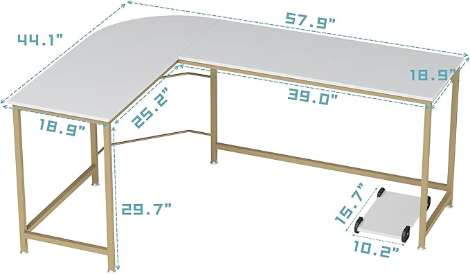 Teraves Reversible L Shaped Desk White - 57.9" Corner Gaming Computer Desk, Office Workstation Modern Home Study Writing Wooden Table