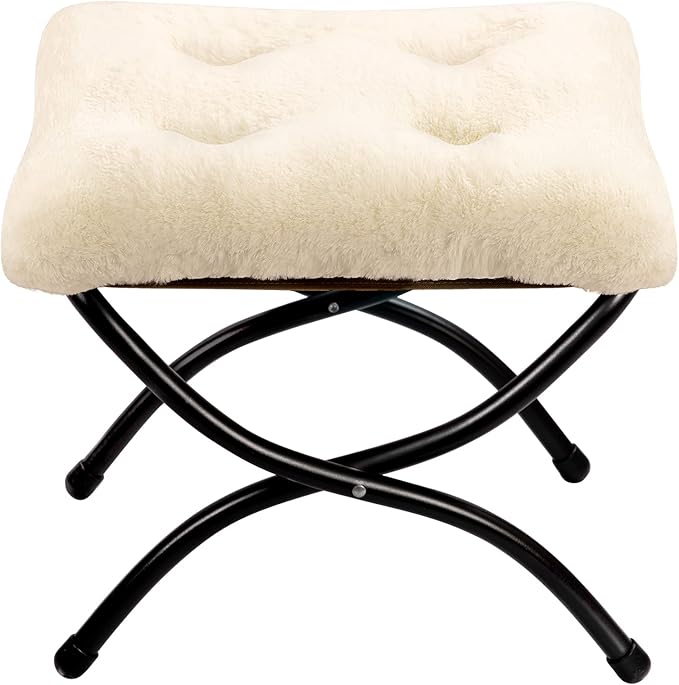 HollyHOME 15"(H) Folding Footrest Stool, Upholstered Small Foldable Ottoman, Accent Padded Sofa Foot Stool for Lazy Chair, Metal Frame Portable Foot Rest Ottoman for Home, Living Room, Bedroom, Beige