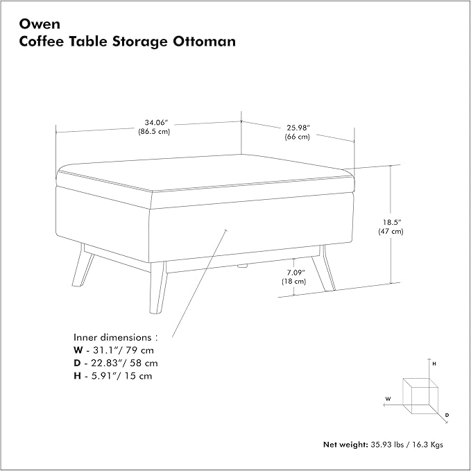 SIMPLIHOME Owen 34 inch Wide Mid Century Modern Rectangle Coffee Table Storage Ottoman in Distressed Chestnut Brown Vegan Faux Leather, Assembled, For the Living Room, Entryway and Family Room