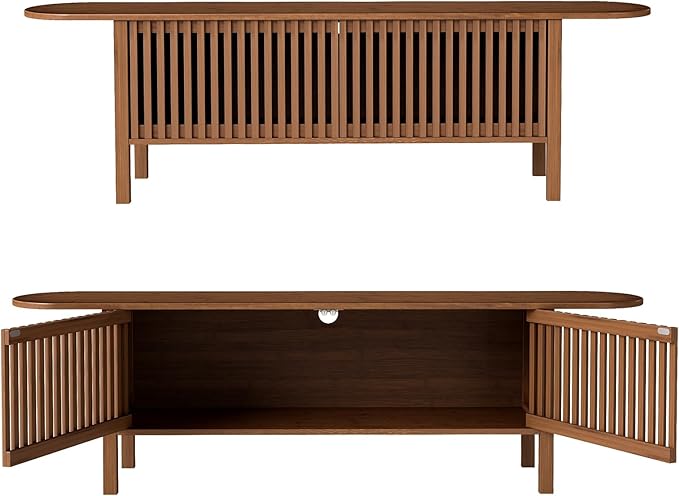 HollyHOME Bamboo TV Stand with Storage for TVs up to 65", Modern Entertainment Center with Fence Door, Accent TV Table with 2 Shelf, Media Console TV Stand for Living Room, Bedroom, Walnut
