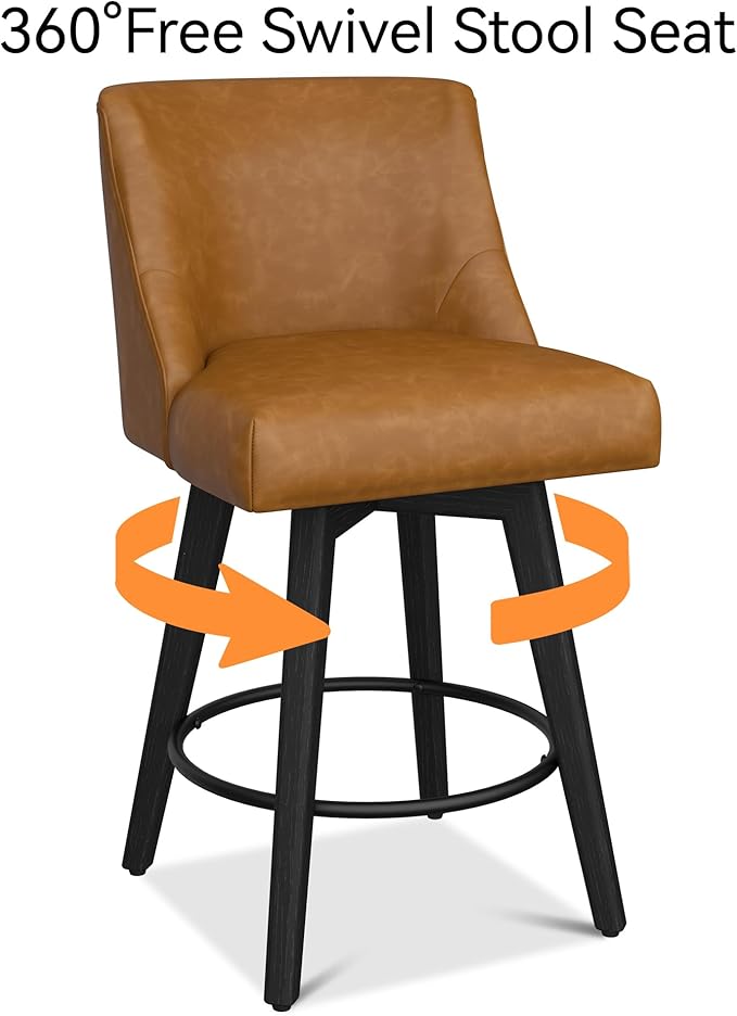 Counter Height Bar Stools Set of 2, Modern Swivel Barstools with Back and Wood Legs, Faux Leather Upholstered Counter Height Stools, 26" H Kitchen Island Stools, Home Bar, Whisky Brown