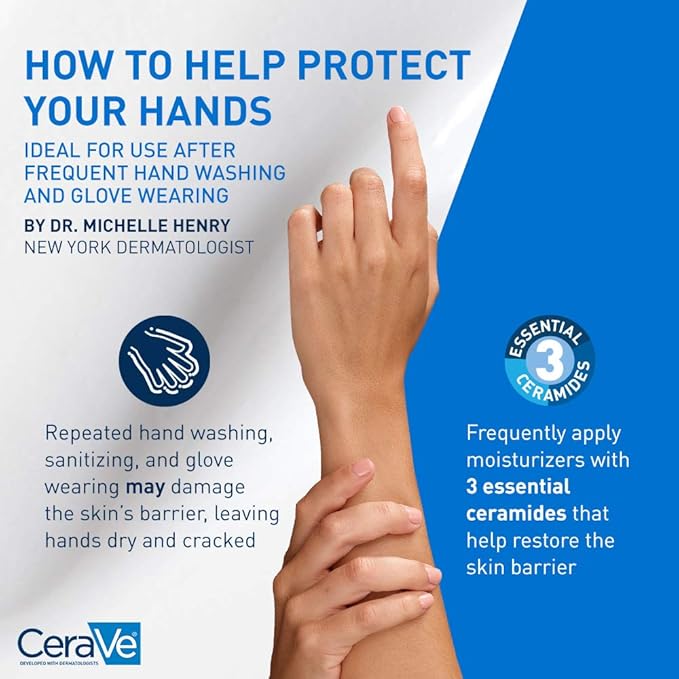 CeraVe Therapeutic Hand Cream for Dry Cracked Hands With Hyaluronic Acid and Niacinamide, Fragrance Free 3 Ounce
