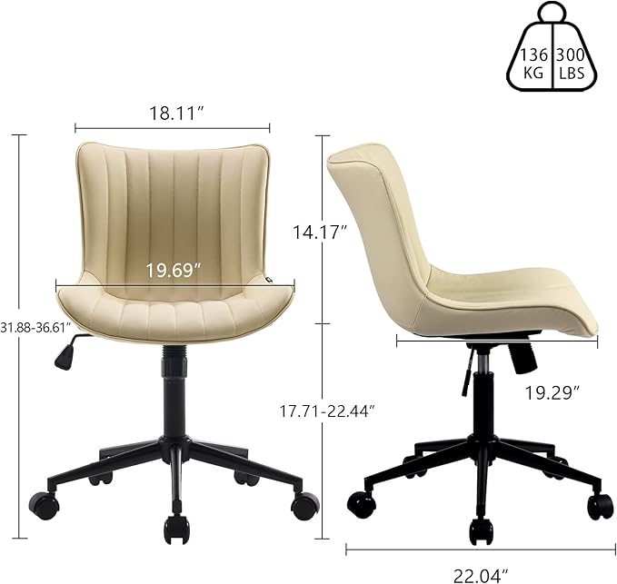 YOUNIKE Beige Home Office Desk Chair with Wheels Swivel Comfy Armless Vanity Chair with Back Modern Leather Upholstered Rolling Task Chair Small Cute Drafting Sewing Chair No Arms Adjustable