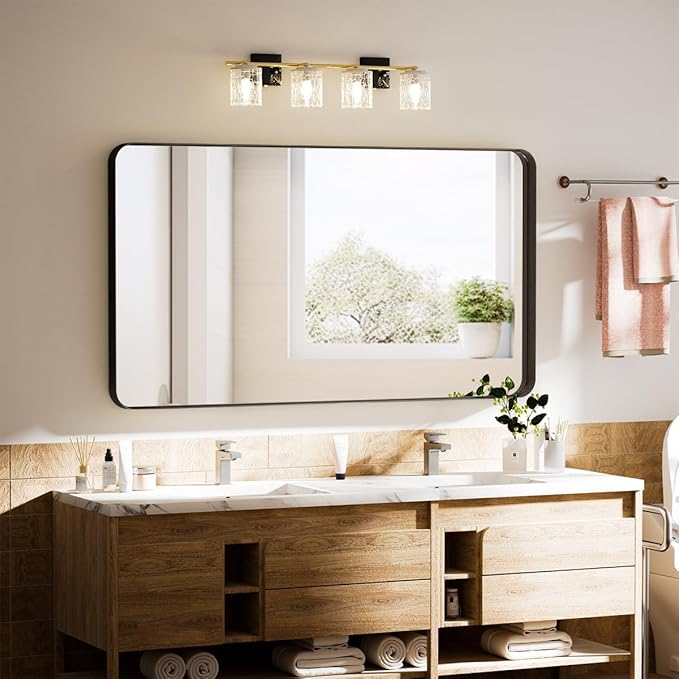 Koonmi Black Bathroom Mirror for Wall, 30x40 Inch Matte Metal Deep Framed Rounded Corner Wall Mirror, Shatterproof Tempered Glass for Farmhouse Bedroom Entryway, Vertically or Horizontally