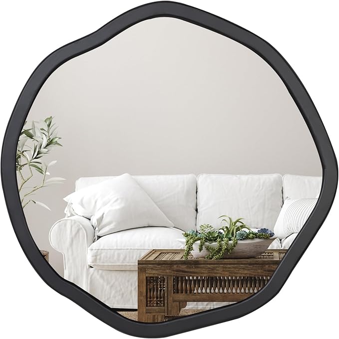 ULIKE Round Wood Mirror 24 Inch Circle Wall Mirror, Asymmetrical Bathroom Vanity Mirror with Wood Frame, Decorative Wall Mounted Mirror for Bedroom, Living Room, Entryway, Black