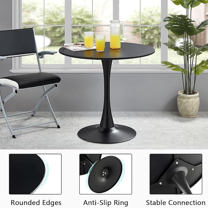 27.3" Tulip Dining Table, Black, Perfect for 2-4 People, Mid-Century Modern Style, Round MDF Top with Sturdy Base for Dining Room, Living Room, Cafe
