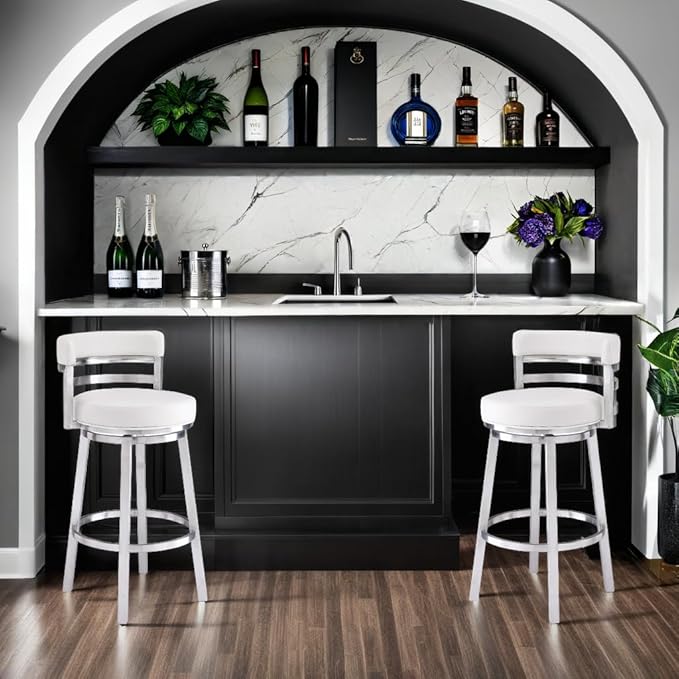 Armen Living Madrid 30" Seat Height Swivel White Faux Leather and Brushed Stainless Steel Bar Stool for Kitchen Island Counter
