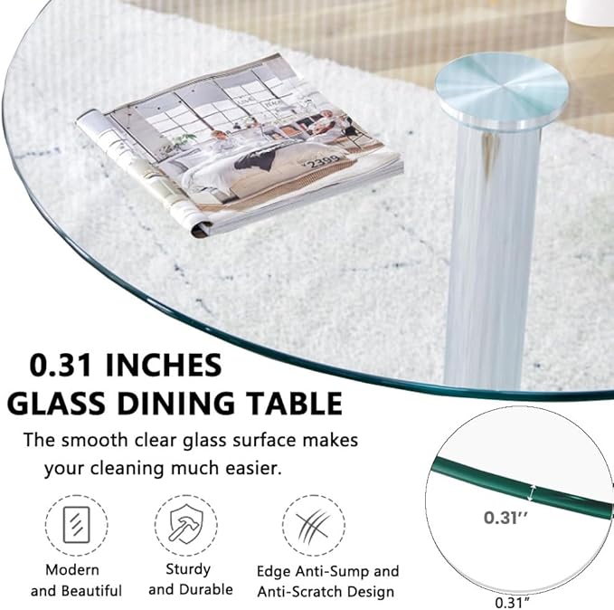 31.2" Round Glass Dining Table, Modern Circular, Sturdy Base and Perfect for 2-4 Seat, Bistro Style for Dining Room, Living Room, Balcony, Cafe