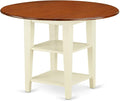 East West Furniture SUPL5-BMK-C 5 Piece Dining Room Furniture Set Includes a Round Kitchen Table with Dropleaf & Shelves and 4 Linen Fabric Upholstered Chairs, 42x42 Inch, Buttermilk & Cherry