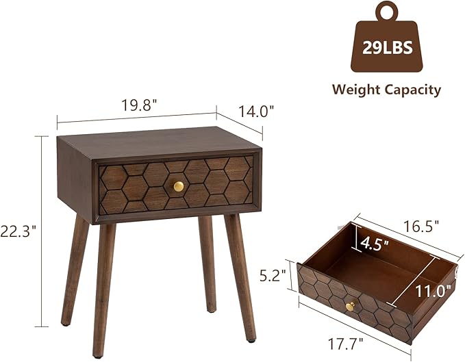 COSIEST Mid-Century Nightstand, Modern MDF Bedside Table, Wood Accent End Table with One Storage Drawer for Bedroom Living Room, Brown