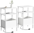 Small Side Table with Charging Station, Set of 2 End Table for Small Spaces, Slim Nightstand with Outlet,Sofa Beside Table, 3-Tier Storage Shelf,Living Room, Bed Room, Natrual White