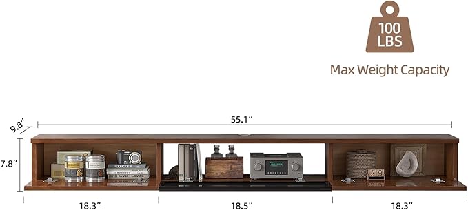 High Gloss Floating TV Stand,55'' Wall Mounted TV Console,Under TV Floating Shelf,Floating TV Cabinet with 3 Doors for Bedroom Living Room(Walnut)