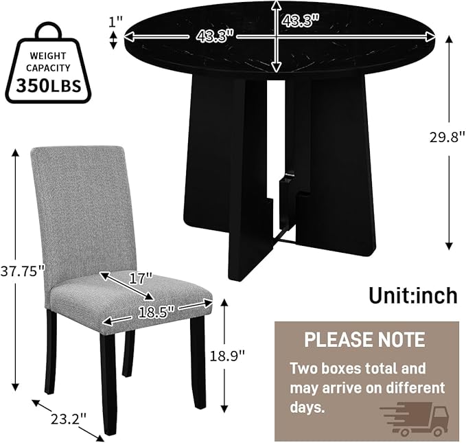 Merax 5-Piece Round Dining Table Set, Modern 4 Upholstered Chairs for Living,Kitchen Room, 43 Inch, Grey+Black