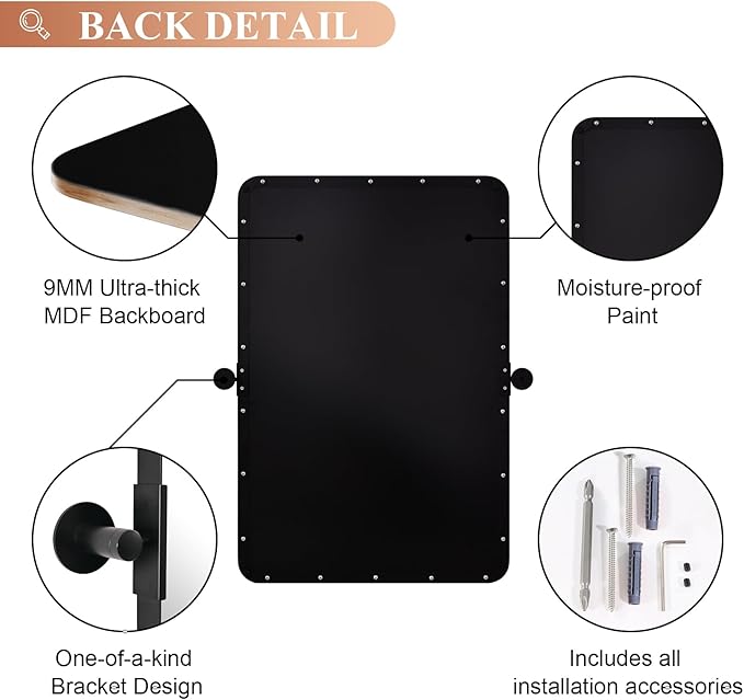 MOON MIRROR 20" x 28" Black Metal Framed Pivot Rectangle Bathroom Mirror, Tilting Rounded Rectangular Vanity Mirror for Wall Mounted Hangs Vertical only