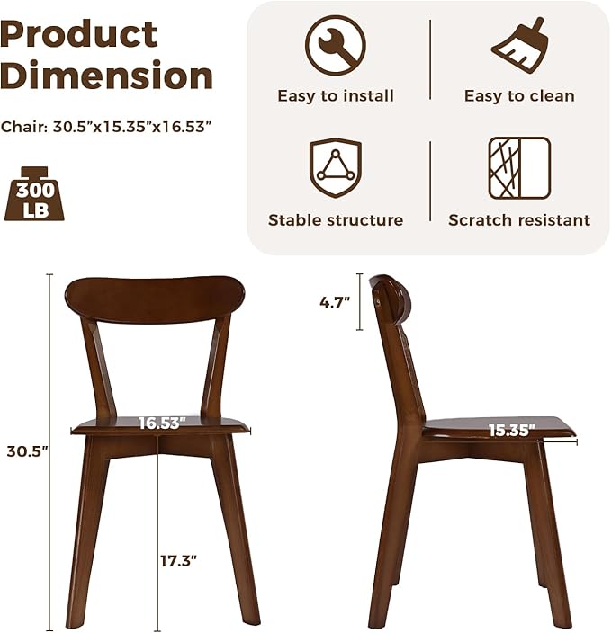 DELAVIN Soild Wood Dining Chairs Set of 2, Oak Wood Kitchen Chairs, Mid Century Modern Dining Room Chairs, Walnut