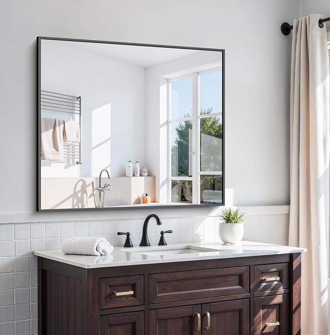 KOCUUY Black Square Mirror, 42"x42" Bathroom Mirrors for Over Sink, Large Black Wall Mounted Mirror, Metal Framed Mirror for Wall, Vanity Mirror for Bathroom Living Room Bedroom Dining Room