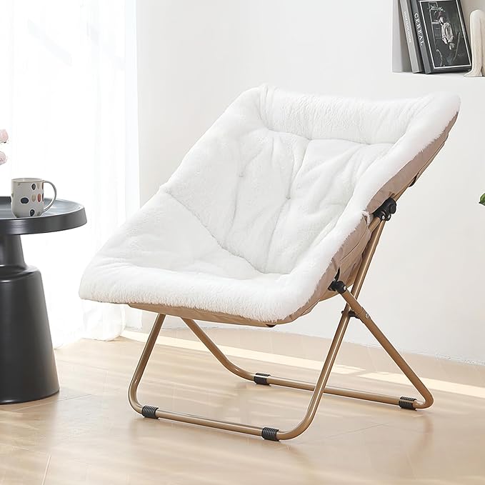 Saucer Chair, Comfy Bedroom Chairs, Oversized Folding Faux Fur Chair, Foldable Metal Frame Chair for Bedroom, Study, Playroom (White)