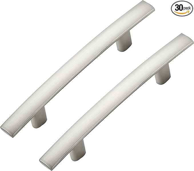 30 Pack Cabinet Handles 3" Hole Center - Curved Cabinet Pulls Brushed Nickel Drawer Pulls for Kitchen Cupboard Solid Hardware for Dresser Drawer Arch Hardware