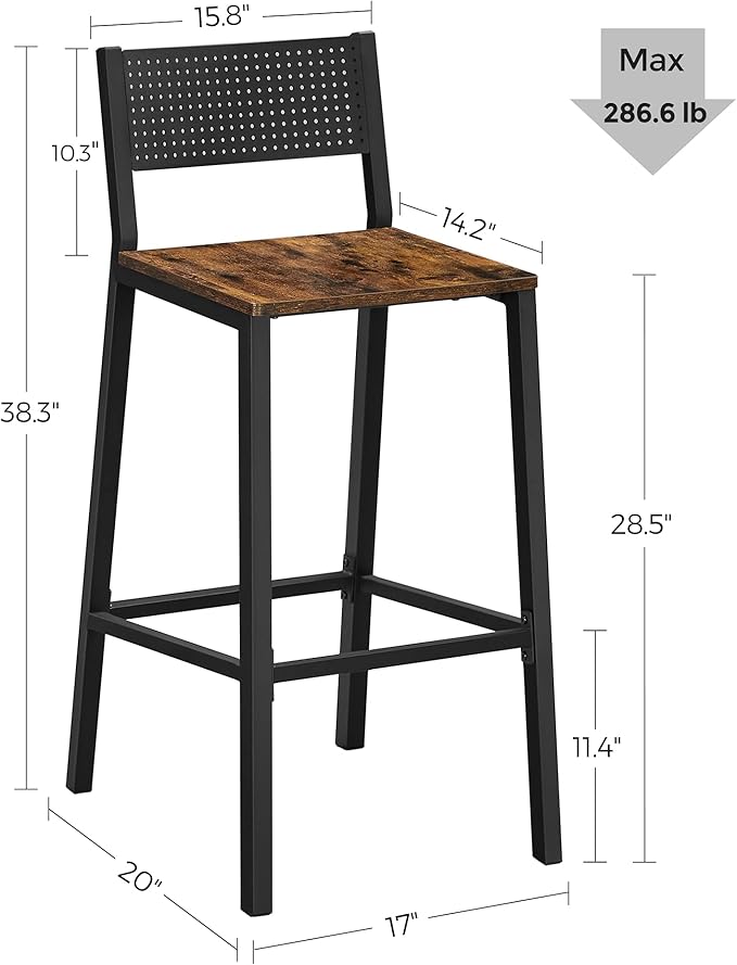 VASAGLE Set of 4 Bar Stools, Counter Height Chairs with Footrests, Rustic Brown