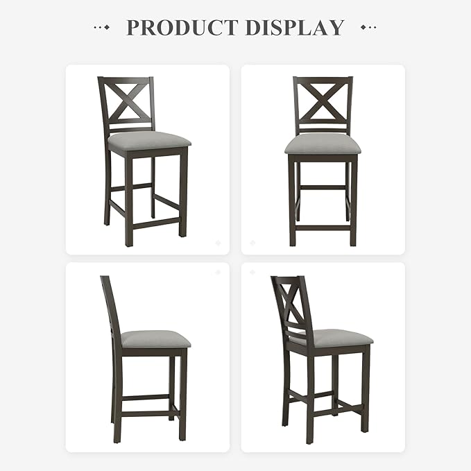 Upholstered Counter Height Bar Stools Set of 6, Modern Kitchen Island Barstools Chairs with Cross Back and Wood Legs for Dining Room Bar, Dark Grey