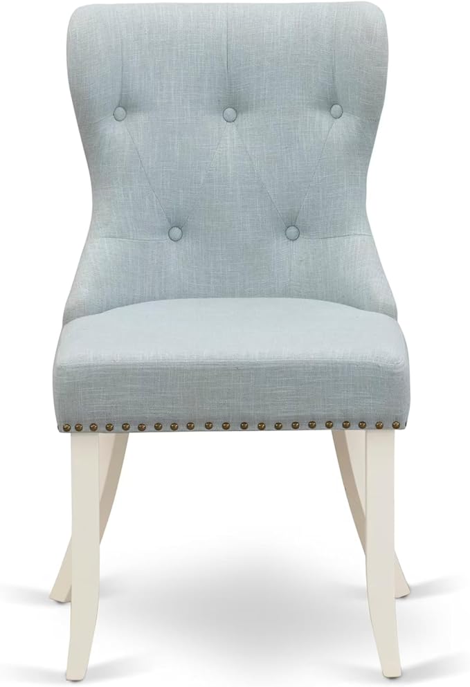 East West Furniture V077SI215-9 9 Piece Kitchen Table Set Includes a Rectangle Dining Table with V-Legs and 8 Baby Blue Linen Fabric Parsons Dining Chairs, 40x72 Inch, Multi-Color