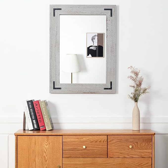 YOSHOOT Rustic Wooden Framed Wall Mirror, Natural Wood Bathroom Vanity Mirror for Farmhouse Decor, Vertical or Horizontal Hanging, 32" x 24",White Grey