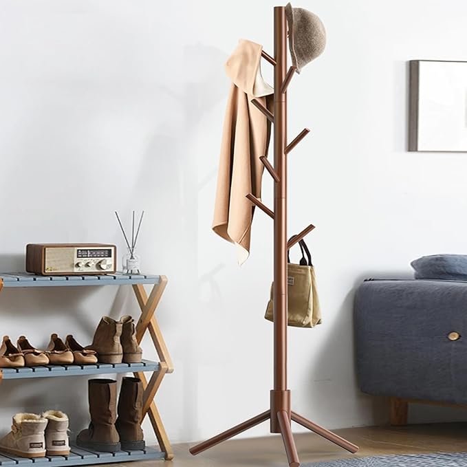 Wooden Coat Rack Stand, Freestanding Coat Rack with 8 Hooks, 3 Adjustable Size Coat Tree for Hats, Coats, Scarves bags, Coat Hanger Stand Used in Bedroom/Office/Entryway （Brown）