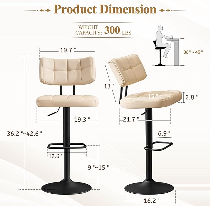 Furniliving Upholstered Bar Stools Set of 4, Faux Leather Swivel Bar Stools with Back, Adjustable Counter Height Barstools for Kitchen Island, Dining Space, Beige