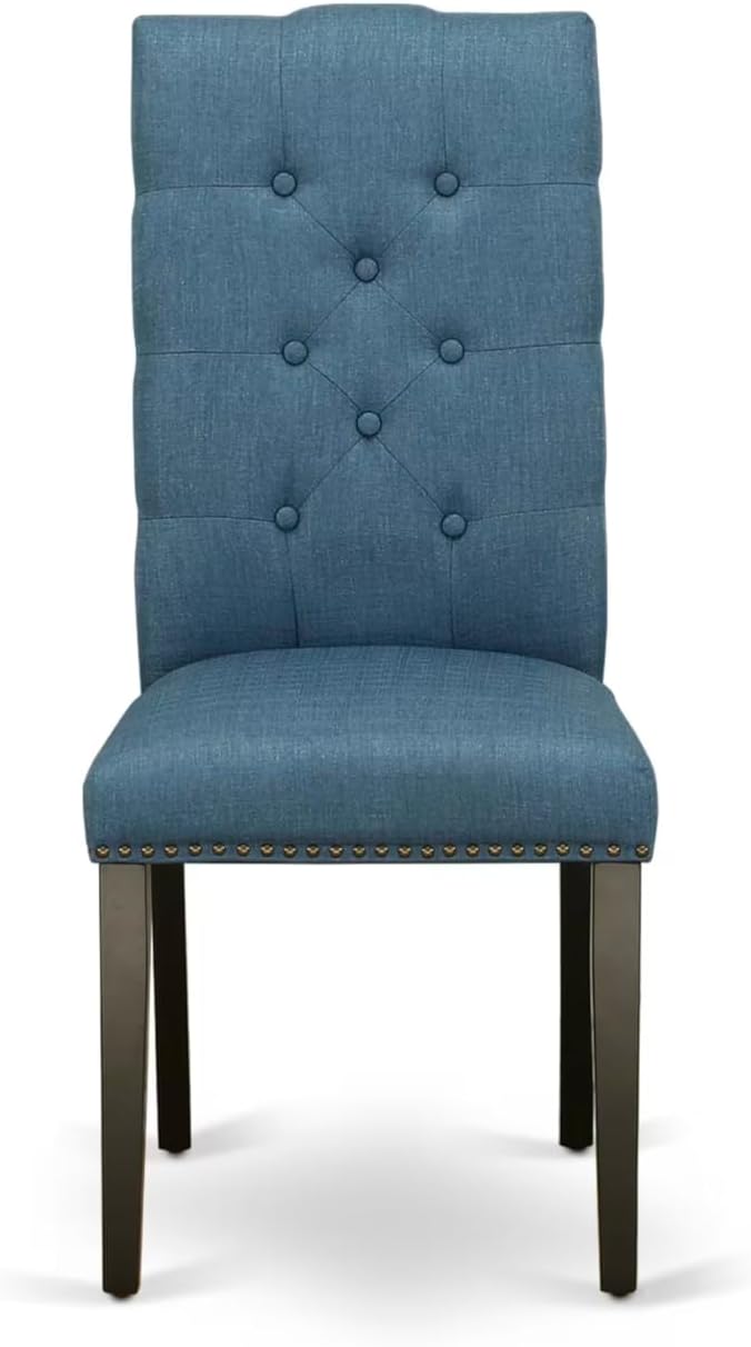 East West Furniture V627EL121-6 6 Piece Dining Table Set Contains a Rectangle Dining Room Table with V-Legs and 4 Blue Linen Fabric Parson Chairs with a Bench, 40x72 Inch, Multi-Color