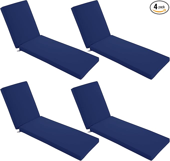Chaise Lounge Cushions Outdoor Set of 4 - Waterproof and Fade Resistant Sun Lounger Replacement Cushions - Patio Lounger Pads with Removable Cover for Pool, Deck, 72 x 21 x 3 Inch, Navy