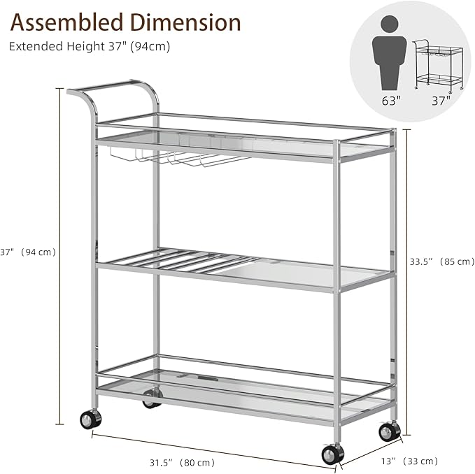 Bar Cart Silver, Home Bar Serving Cart, Modern Bar Cart with 3-Tier, Mobile Kitchen Shelf with Wine Rack and Glass Holder, Bar Carts for The Home, Dining Room, Living Room