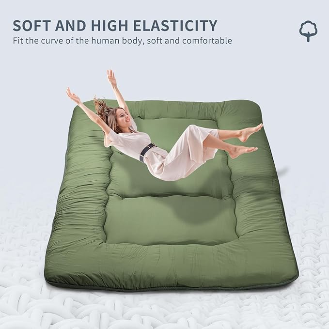 Japanese Floor Mattress,Roll Up Memory Foam Tatami Mat Easy to Store and Portable,Futon Mattress Suitable for Camping and Guest Room (Green, Full (80" X 47"))