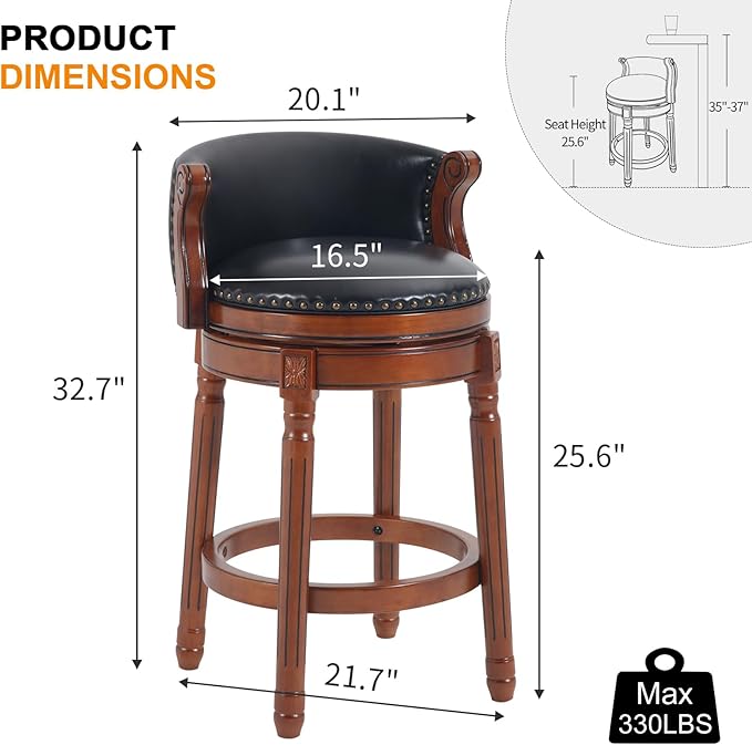 Cow top Leather Wooden Bar Stools, 29.5" Bar Height Bar Chair with Back, 180 Degrees Swivel Barstools Chair for Home Kitchen Counter,Dining Room (Black-1pc, Bar Height-Seat Height 29.5”)