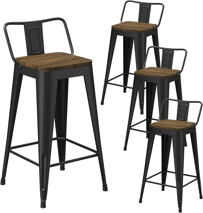 Black Bar Stools Set of 4, Metal Bar Stools with Wooden Seat, Modern 26”Counter Height Barstools with Low Back
