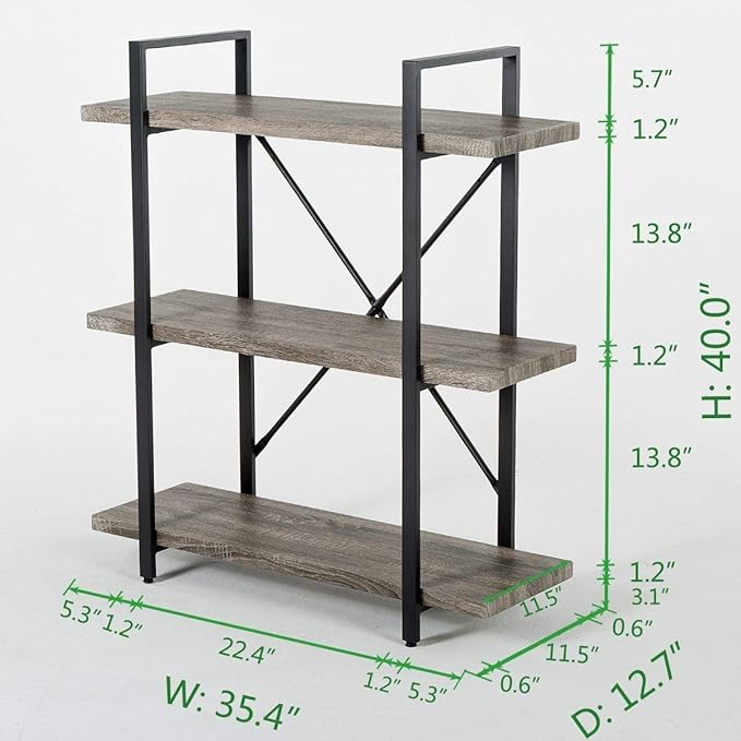 HSH 3-Shelf Bookcase, Rustic Gray 3 Tier Bookshelf, Vintage Industrial Wooden and Metal Display and Storage Bookshelves Tower for Home Office Livingroom Bedroom Light Grey Oak