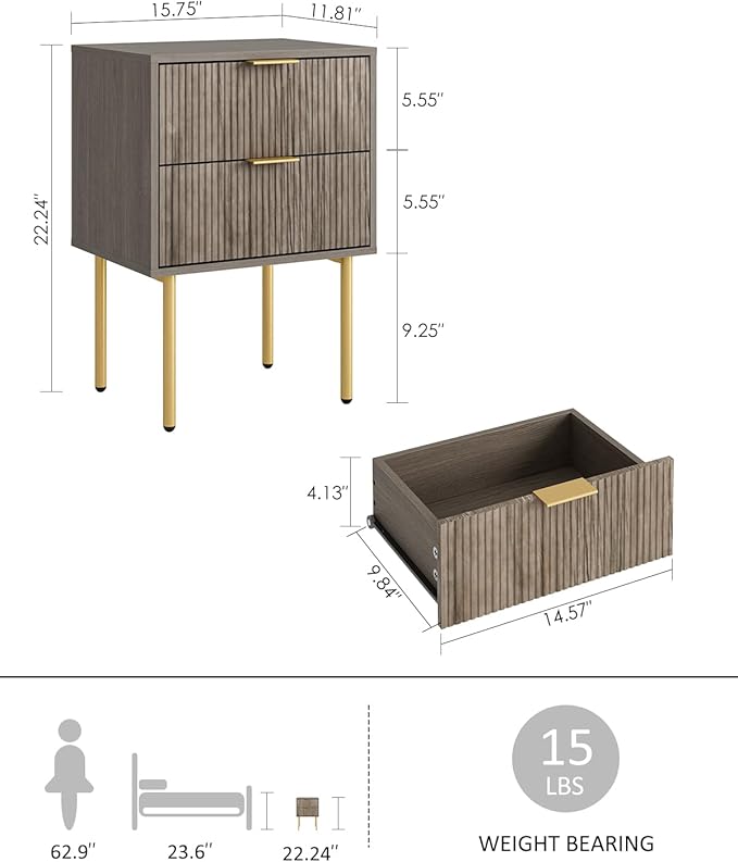 Nightstand,Small Bedside Table with Gold Frame,Morden Night Stand with 2 Drawer,End Table,Side Table with Drawer and Shelf for Bedroom,Living Room (Grey-2Drawer)
