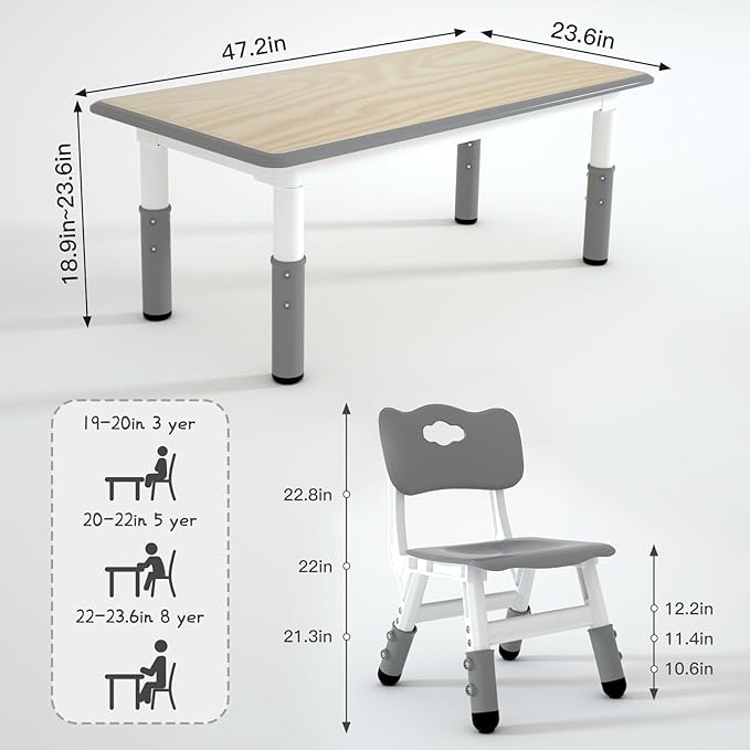 Kids Table and 4 Chairs Set，Height Adjustable Children Table & Chair，Toddlers Study Multi-Activity Table with 47.2"x23.6" Wipe-Clean Desktop，for Classrooms, Homes & Daycares