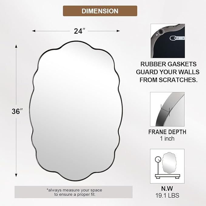 ANDY STAR Chrome Vintage Scalloped Mirror - 24x36 Inch Retro Bathroom Mirror, Unique Irregular Oval Wavy Mirror with Heavy Duty Metal Frame