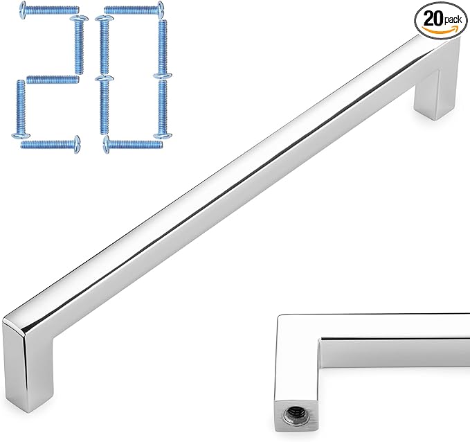 KOOFIZO 20-Pack Solid Square Bar Cabinet Handle - Chrome Furniture Pull, 6.3 Inch/160mm Screwhole Distance for Kitchen Cupboard Door, Bedroom Dresser Drawer, Bathroom Wardrobe Hardware