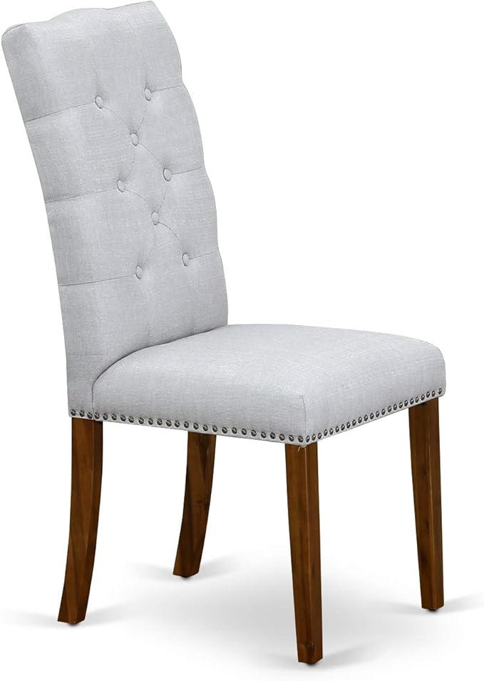 East West Furniture ELP8T05 Elsa Parson Dining Chairs - Button Tufted Nailhead Trim Grey Linen Fabric Upholstered Chairs, Set of 2, Walnut