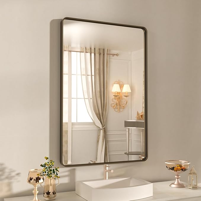 WEER 24x32 Inch Bronze Bathroom Mirror - Brushed Bronze Frame for Vanity, Rounded Rectangle with Tempered Glass, Anti-Rust (Horizontal/Vertical)
