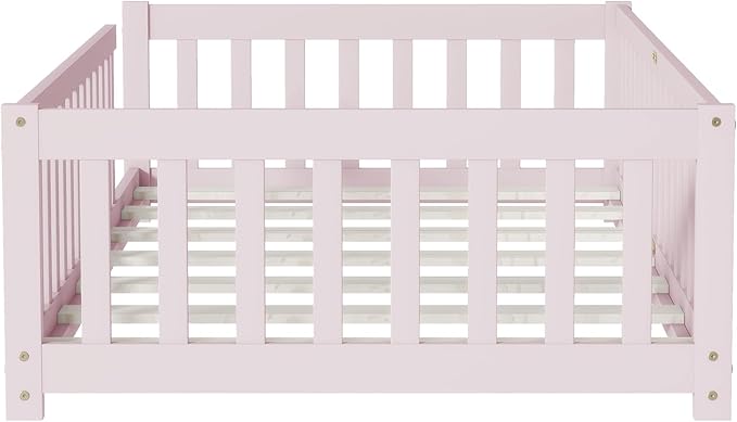 Bellemave Twin Floor Bed with Slats and Safety Guardrails, Kids Montessori Floor Beds with Fence and Without Door, Easy Assemble Floor Bed for Kids, Girls, Boys, Pink