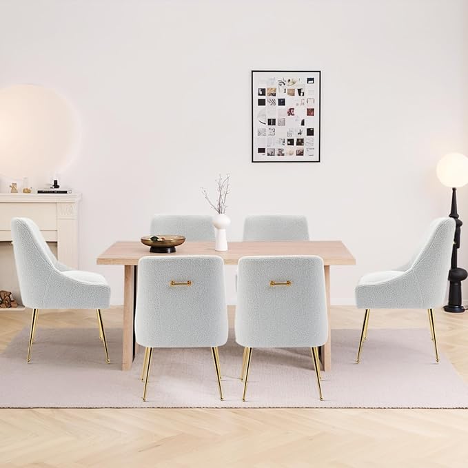 Modern Velvet Dining Chairs Set of 6, Contemporary Upholstered Furniture Collection with Polished Gold Metal Legs, Elegant Accent Chairs for Kitchen Living Room(Teddy Fleece,White)